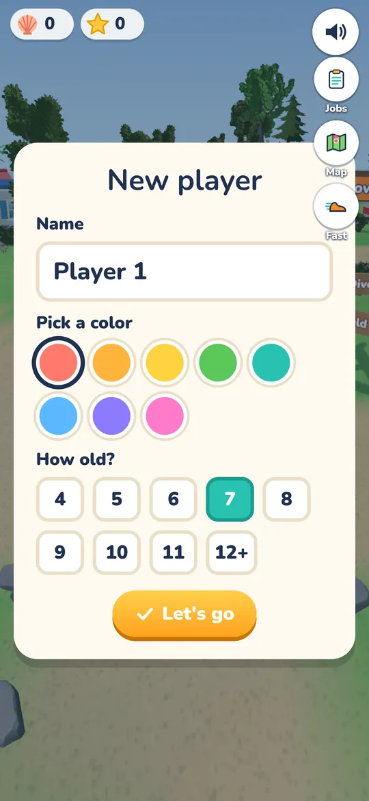 Make a new player: type a name, pick a color, and pick an age from 4 to 12+