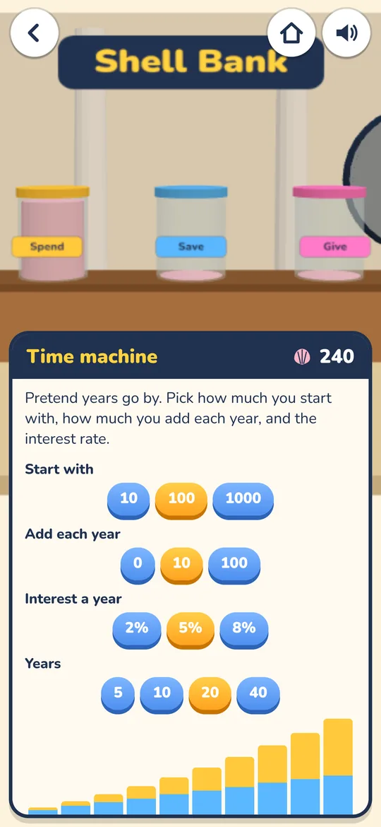 The Shell Bank Time Machine chart showing savings growing over the years