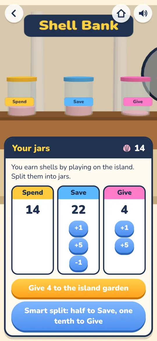 Split shells into Spend, Save, and Give jars at the Shell Bank