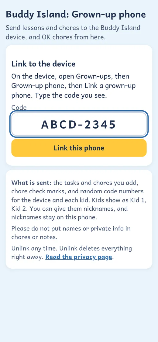 The family page on a grown-up phone, with a box to type the sample code shown on the kid device