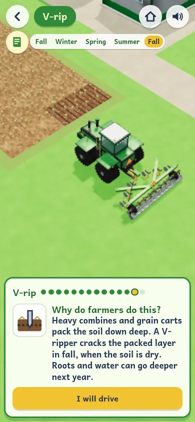 Farm Ground in the fall: a tractor pulls a V-ripper, with a card that says why farmers do this