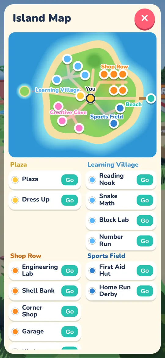 The island map. Tap a place to fast travel there.