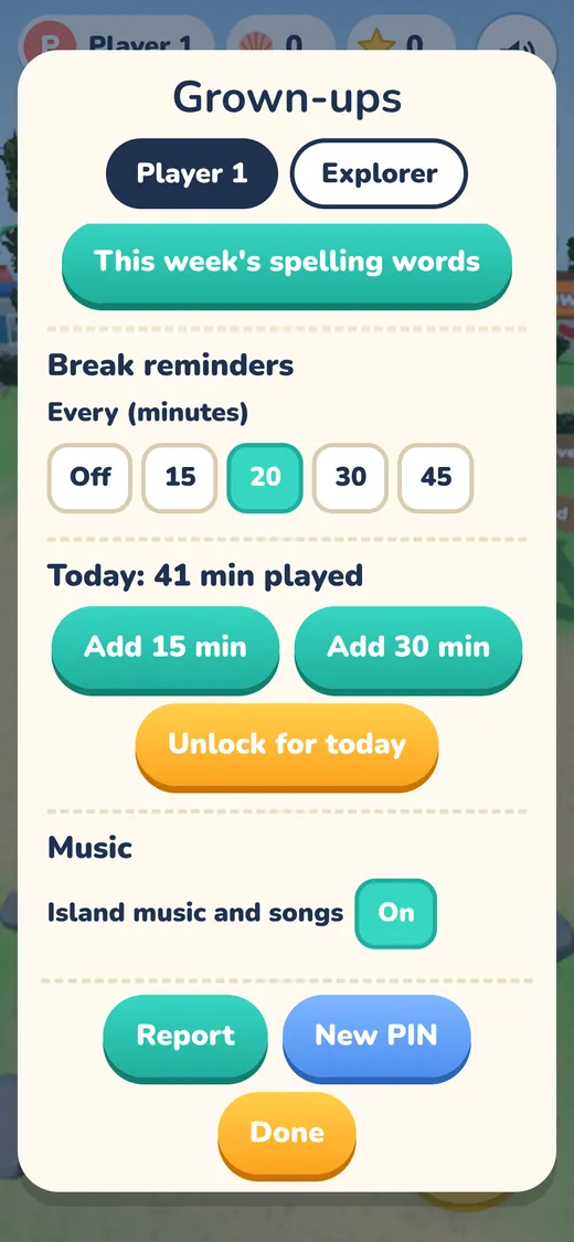 The Grown-ups screen with break reminders, Add 15 min and Add 30 min buttons, and music on or off