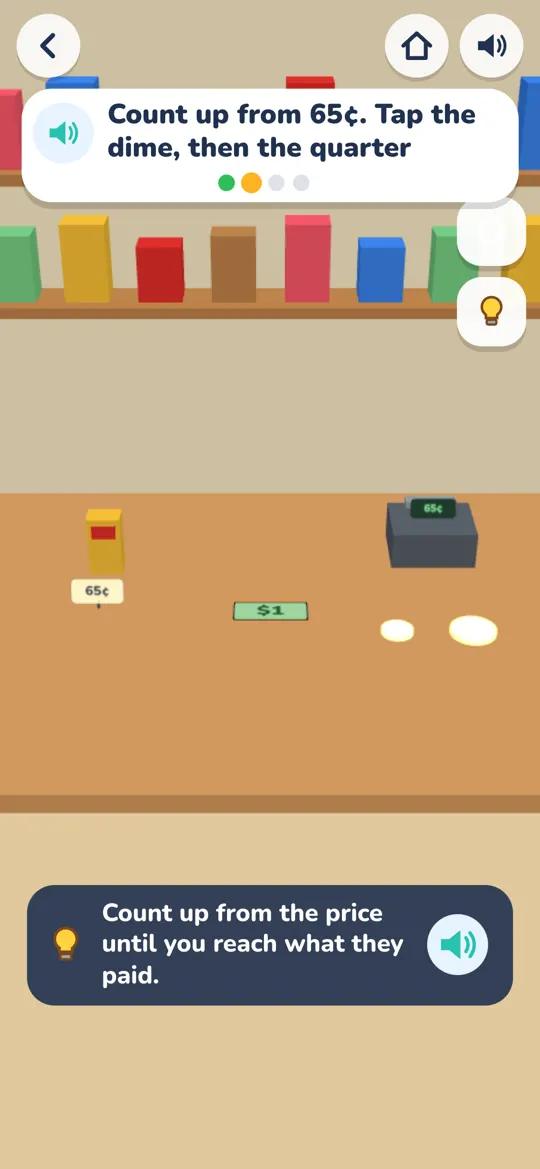 The Making Change game: count up from 65 cents