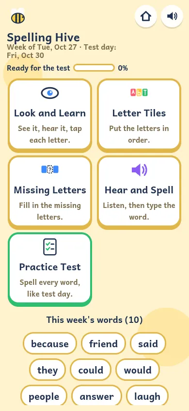 The Spelling Hive with 5 practice modes and this week's words