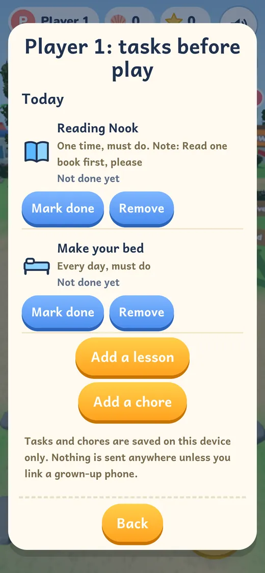 The grown-up's list of today's tasks: a Reading Nook lesson and making the bed, with Mark done buttons