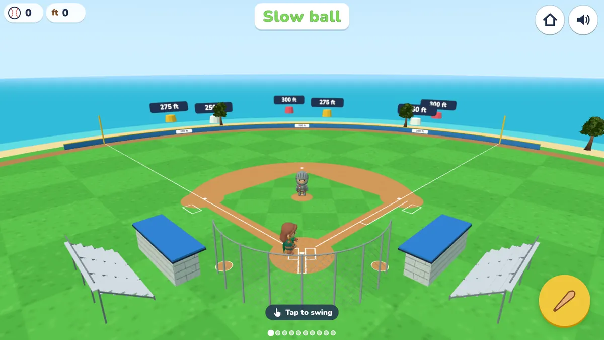 The Home Run Derby ball field with a clay infield, a backstop, dugouts, and bleachers