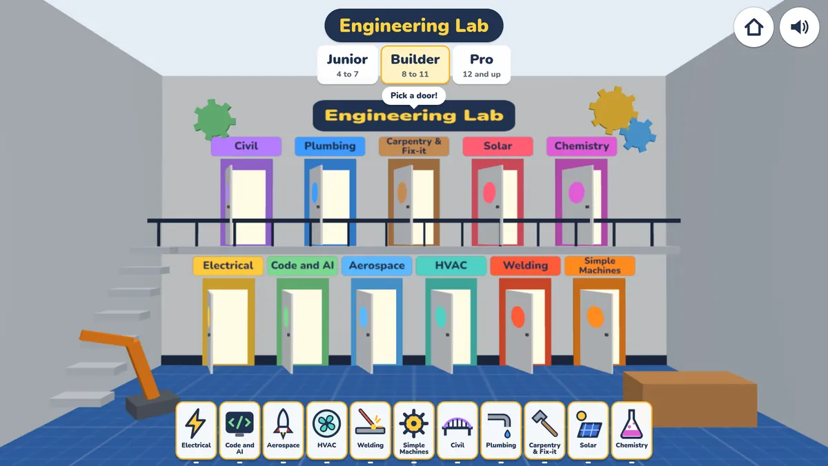 The Engineering Lab hall with Junior, Builder, and Pro tabs and colored doors to 11 stations