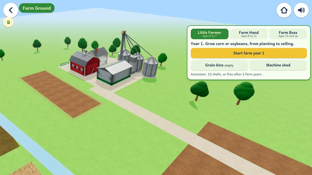 Farm Ground with a barn, grain bins, and a field, and buttons to pick Little Farmer, Farm Hand, or Farm Boss