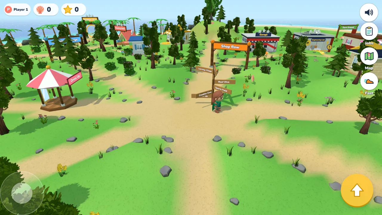 Buddy at the signposts in the middle of the island, with paths to Shop Row, Learning Village, Reef Dive, and Sports Field