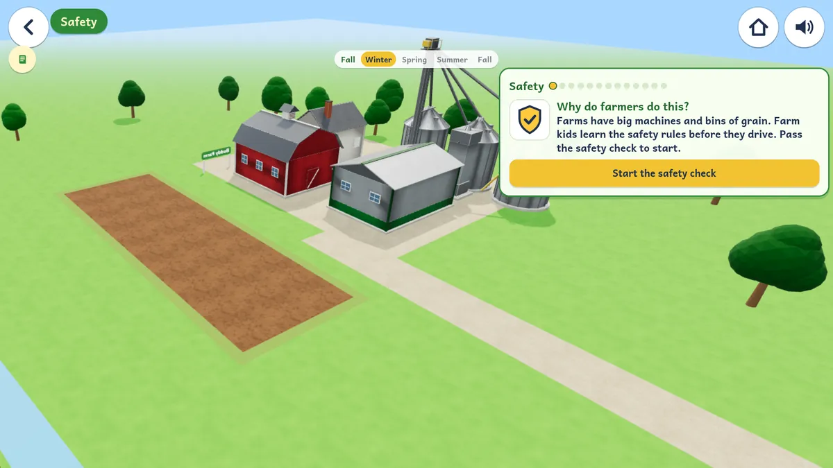 Farm Ground with a barn and grain bins, and a card that says why farmers learn the safety rules before they drive