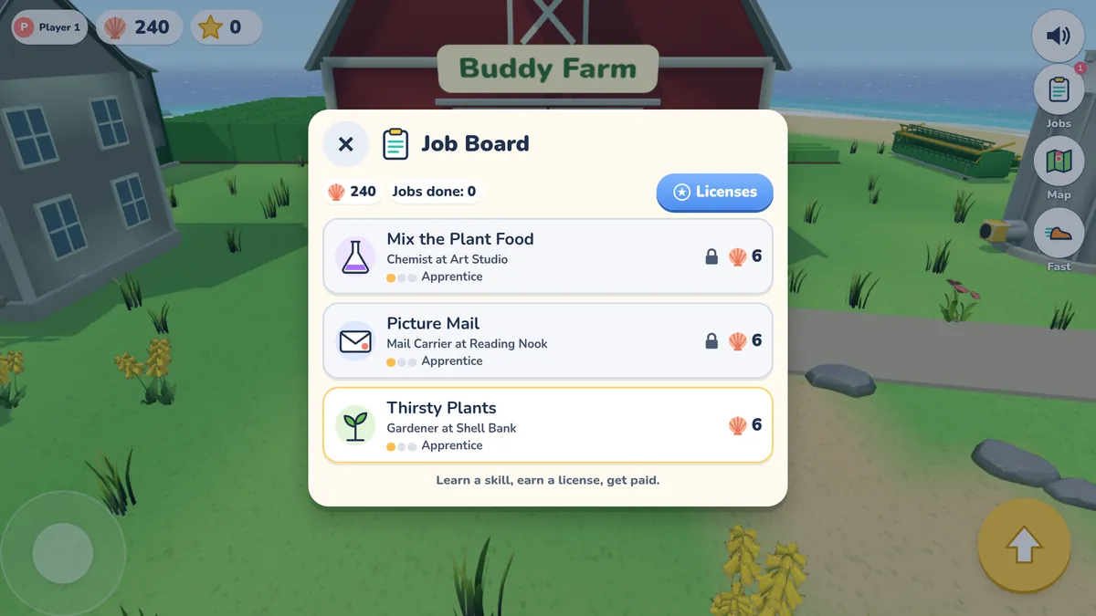 The Job Board with 3 jobs: Mix the Plant Food, Picture Mail, and Thirsty Plants, each with its trade and pay in shells