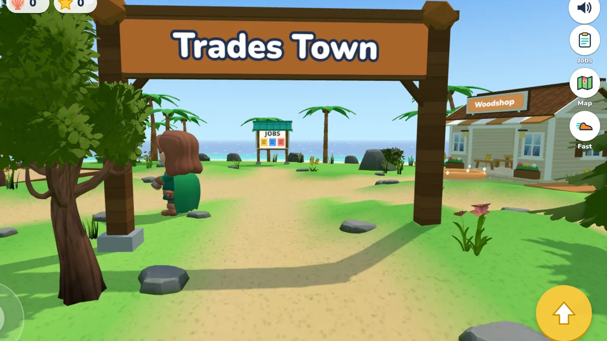 Buddy walking under the Trades Town sign, with the Woodshop and the Job Board behind it
