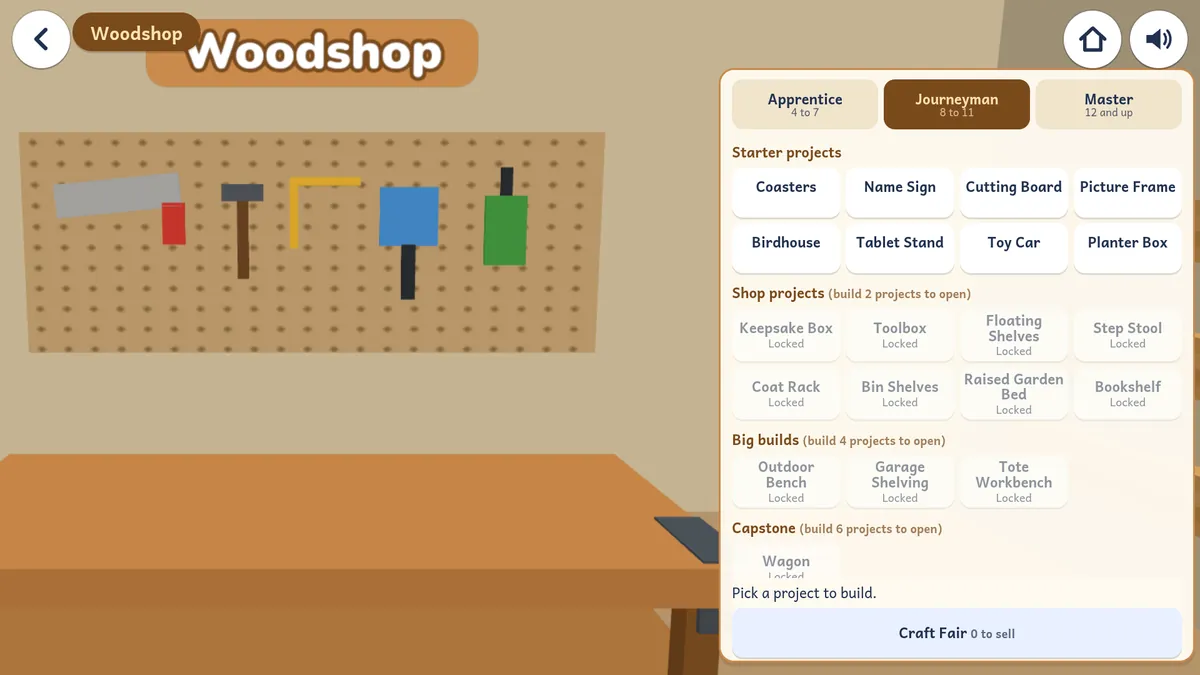 The Woodshop with tools on a pegboard and a list of projects to build, like Coasters, a Birdhouse, and a Toy Car